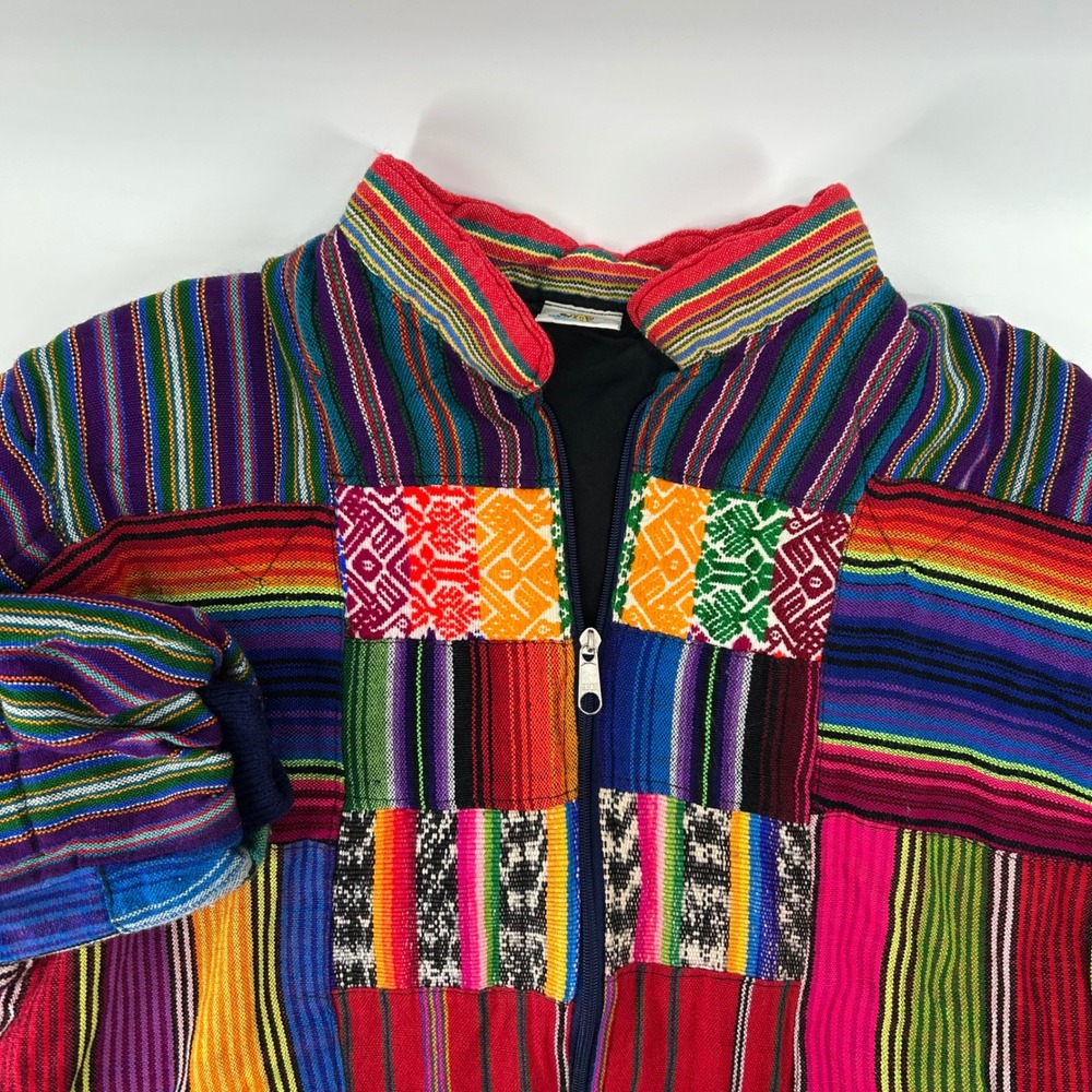 Island Patchwork Bomber Jacket Unisex XL Multicolor Woven Cotton Boho Vintage